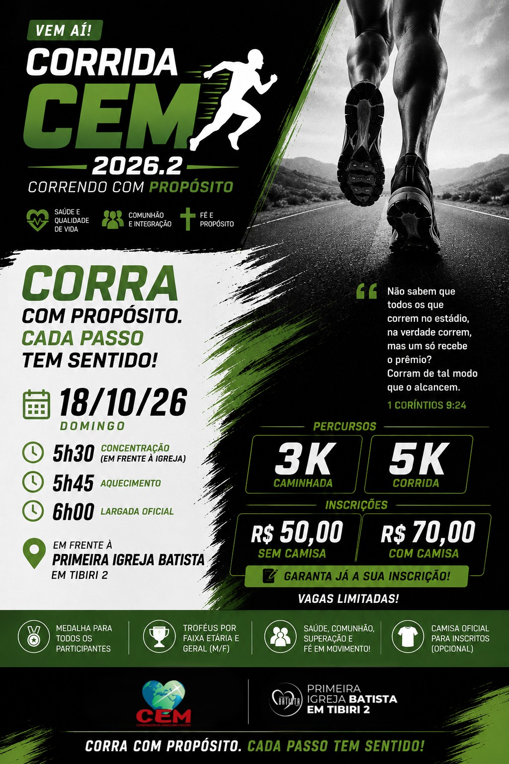 Cartaz de divulgação da prova Corrida Cem 2026.2 - Correndo com Propósito